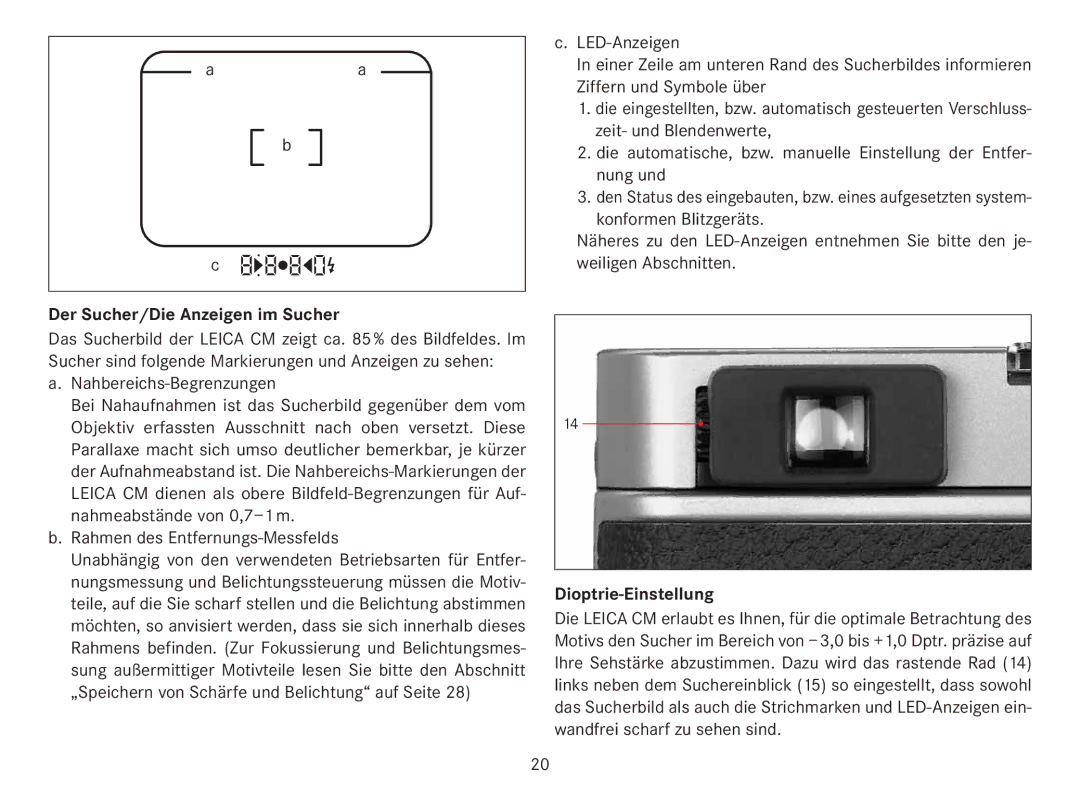 Leica 18141 manual Der Sucher/Die Anzeigen im Sucher, Nahbereichs-Begrenzungen, Rahmen des Entfernungs-Messfelds 