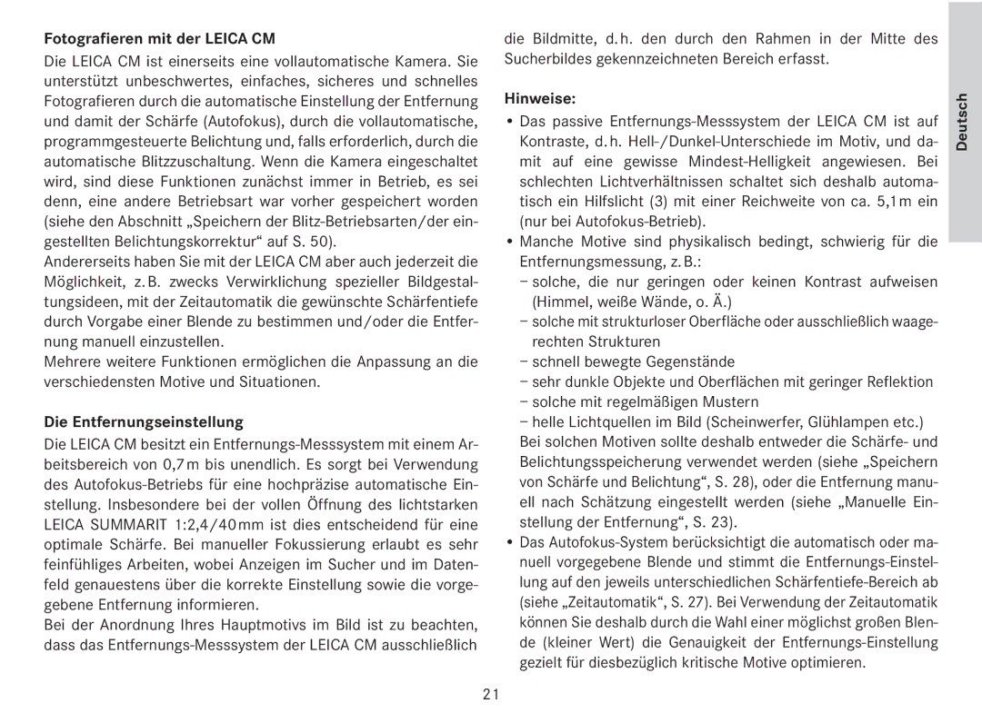 Leica 18141 manual Fotografieren mit der Leica CM, Die Entfernungseinstellung, Solche mit regelmäßigen Mustern 