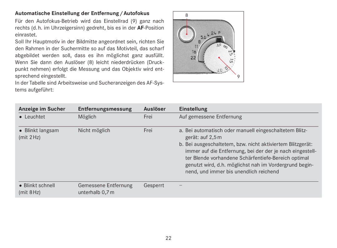 Leica 18141 Automatische Einstellung der Entfernung / Autofokus, Anzeige im Sucher Entfernungsmessung Auslöser Einstellung 