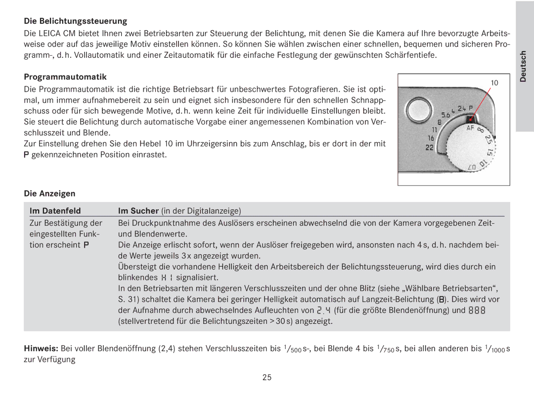 Leica 18141 manual Die Belichtungssteuerung, Programmautomatik, Die Anzeigen Im Datenfeld 