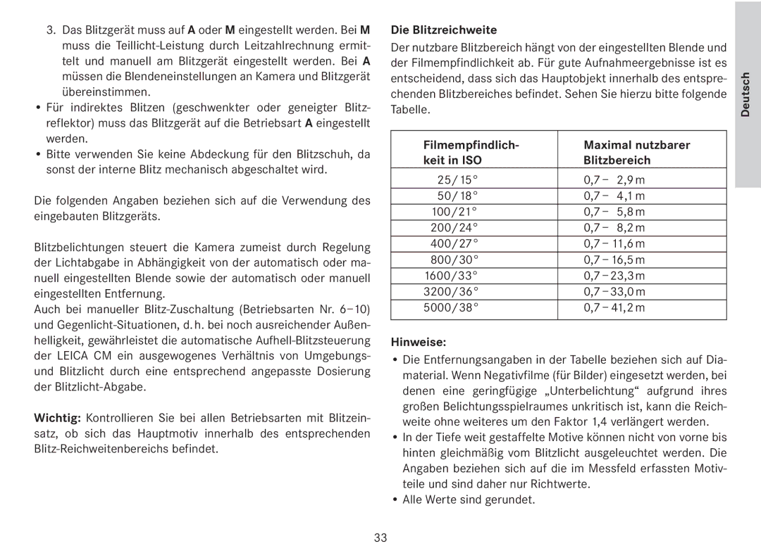 Leica 18141 manual Die Blitzreichweite, Filmempfindlich Maximal nutzbarer Keit in ISO Blitzbereich 