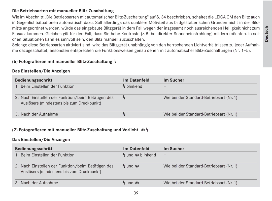 Leica 18141 manual Die Betriebsarten mit manueller Blitz-Zuschaltung 