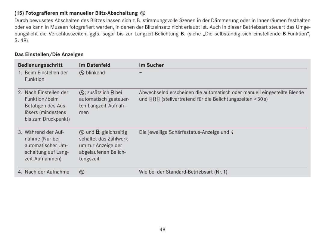 Leica 18141 manual Fotografieren mit manueller Blitz-Abschaltung u, Und B gleichzeitig 