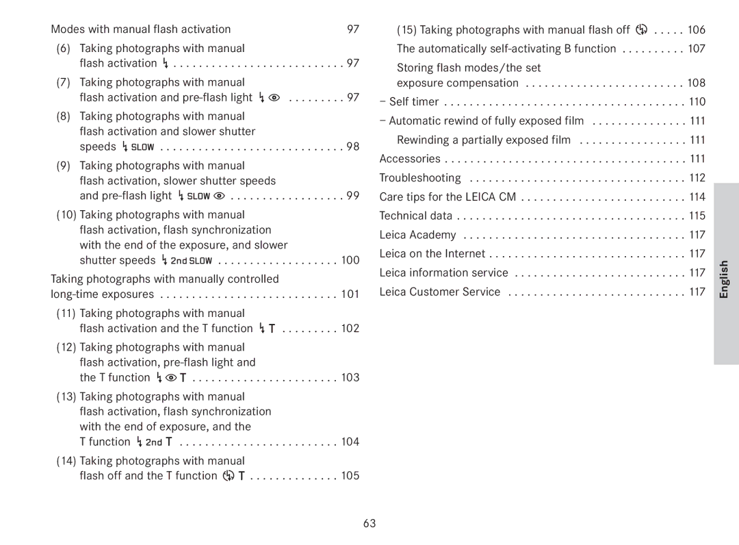 Leica 18141 Modes with manual flash activation, Flash activation q Storing flash modes/the set, Self timer, Technical data 