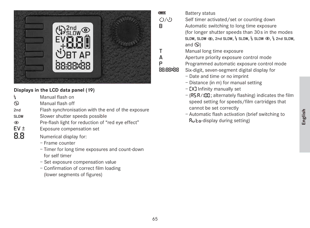 Leica 18141 Displays in the LCD data panel, Manual flash on Manual flash off, Battery status, Manual long time exposure 