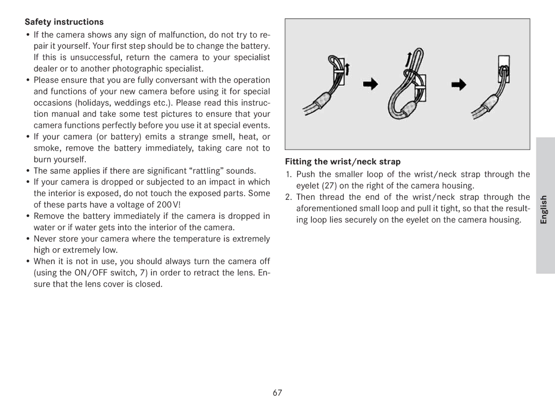 Leica 18141 manual Safety instructions, Fitting the wrist/neck strap 