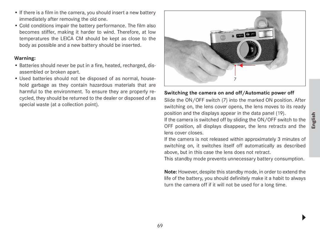 Leica 18141 manual Switching the camera on and off/Automatic power off 