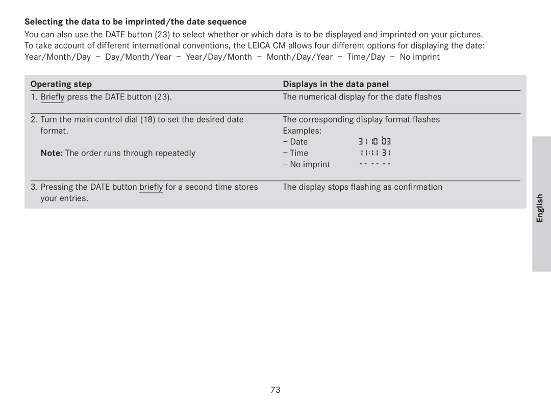 Leica 18141 manual Selecting the data to be imprinted/the date sequence, Operating step Displays in the data panel, Time 