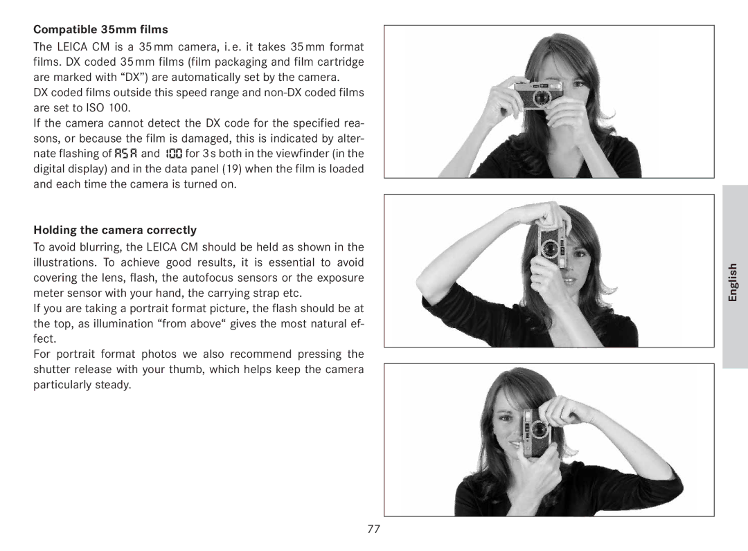 Leica 18141 manual Compatible 35mm films, Holding the camera correctly 