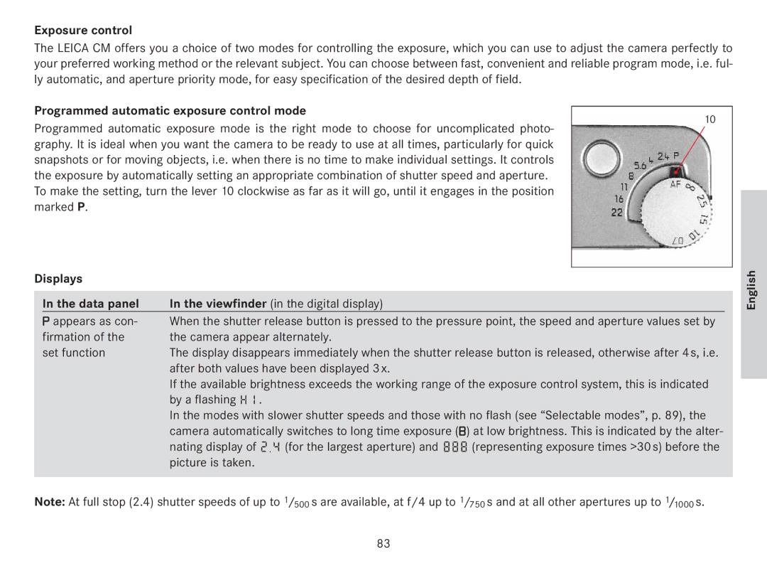 Leica 18141 manual Exposure control, Programmed automatic exposure control mode, Displays Data panel 