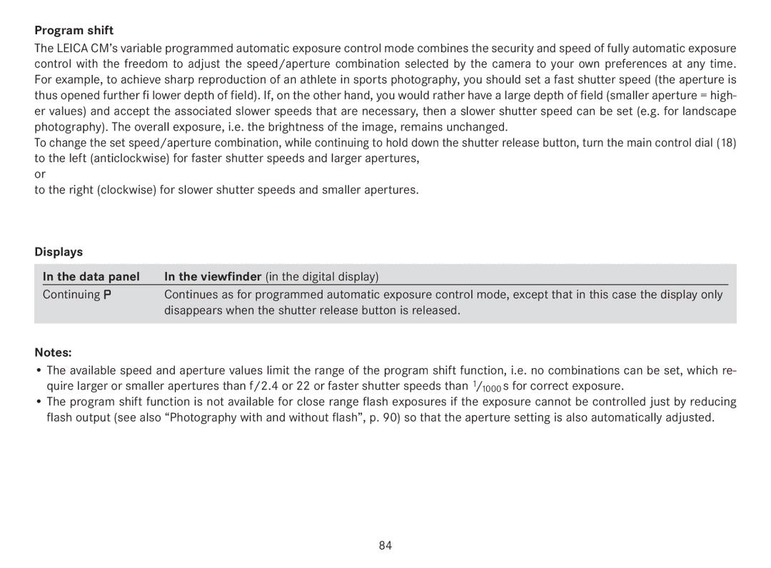 Leica 18141 manual Program shift, Viewfinder in the digital display Continuing P 