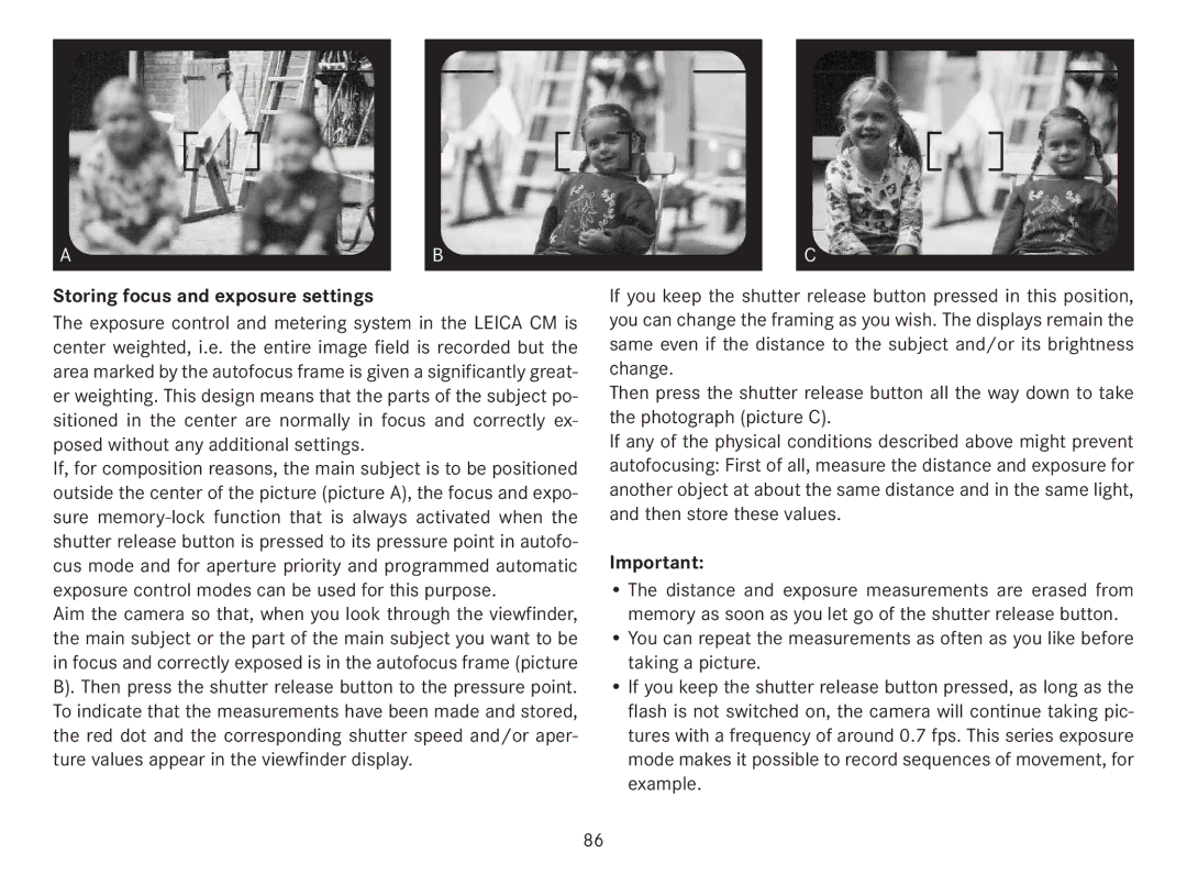 Leica 18141 manual Storing focus and exposure settings 