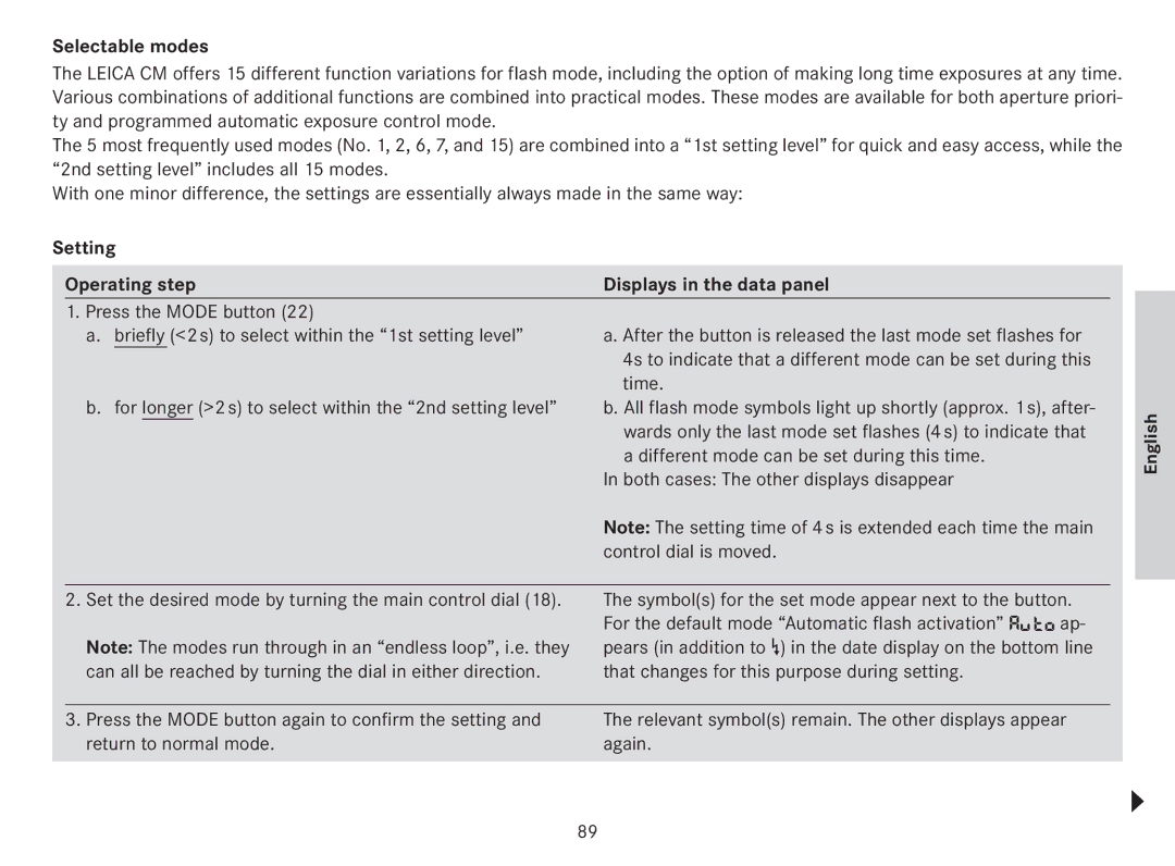 Leica 18141 Selectable modes, Both cases The other displays disappear, Press the Mode button again to confirm the setting 
