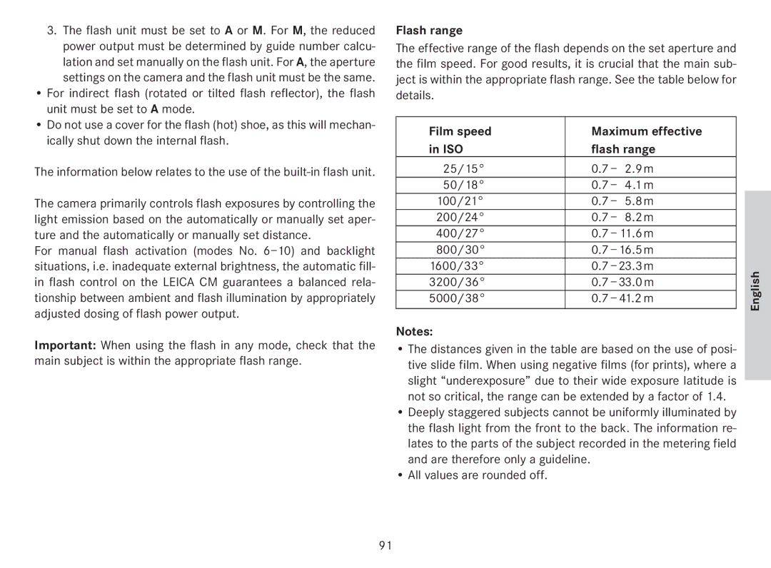 Leica 18141 Film speed Maximum effective ISO Flash range, 3200/36 33.0 m 5000/38 41.2 m, All values are rounded off 