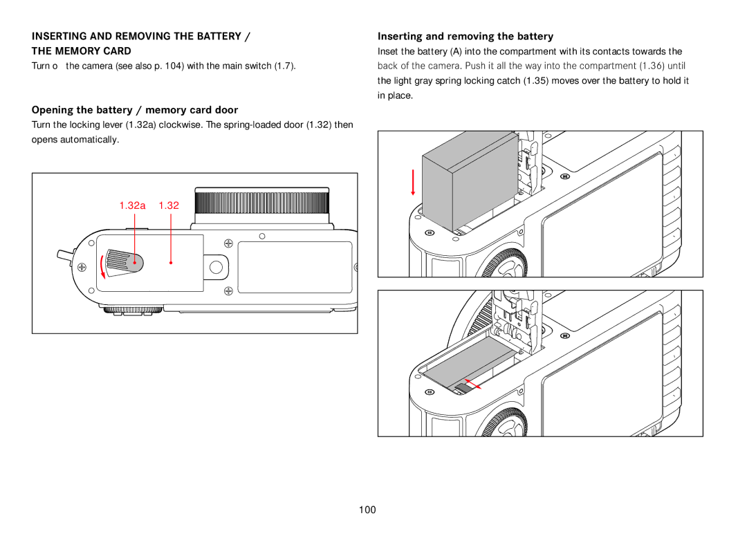 Leica 18450 manual 100, INSErTINg ANd rEmovINg ThE bATTEry MEmory CArd, Turn off the camera see also p with the main switch 