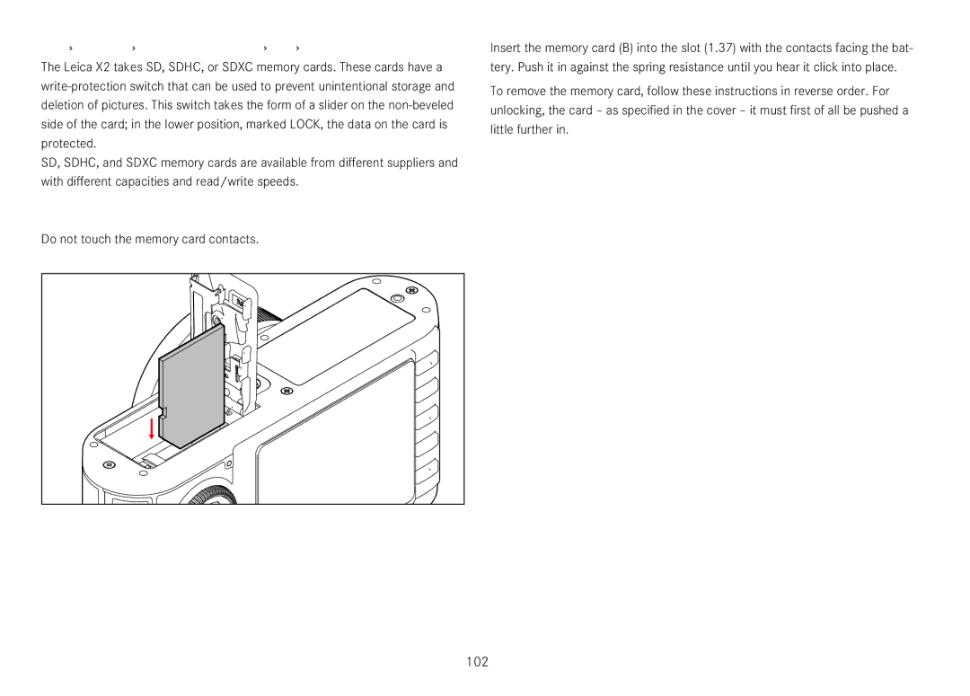 Leica 18450, 18452 manual 102, Inserting and removing the memory card 