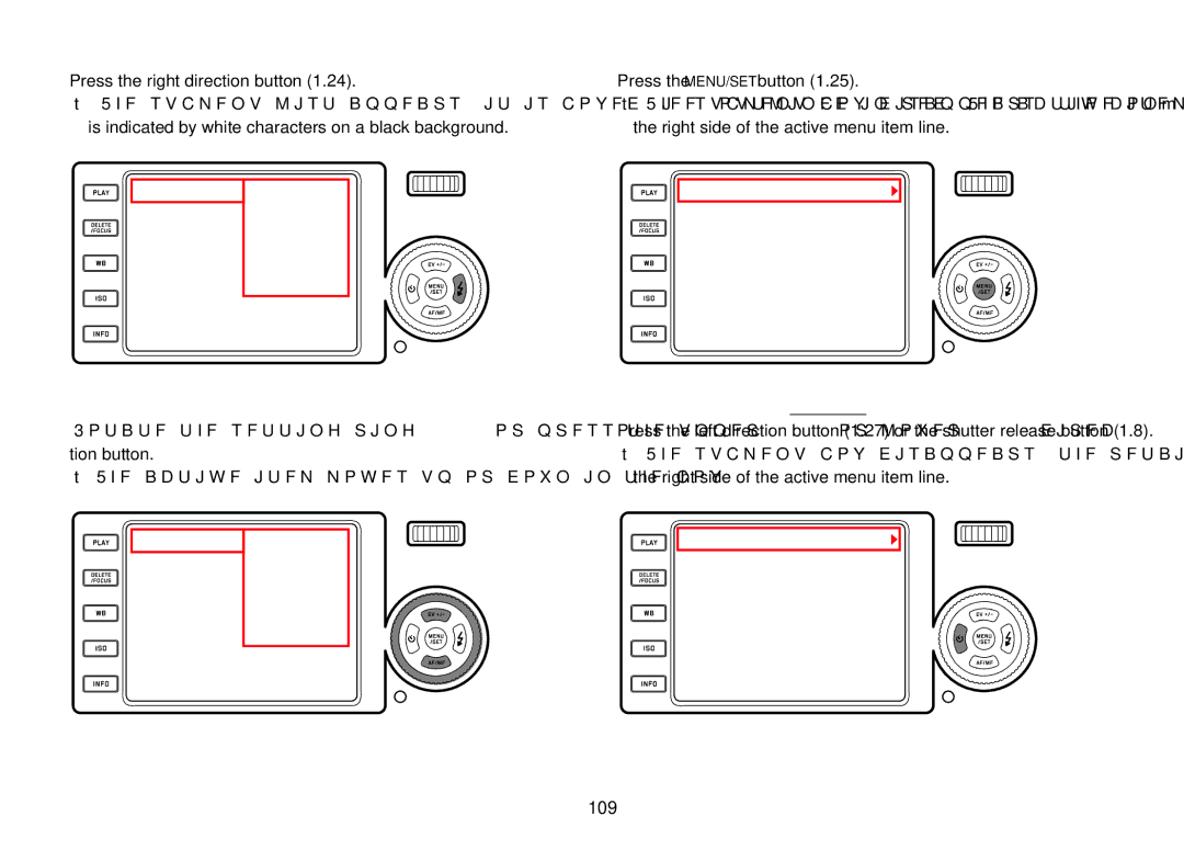 Leica 18452, 18450 manual 109, CALLINg Up a mENU ITEm’S SUbmENU, Press the right direction button, CoNFIrmINg a SETTINg 