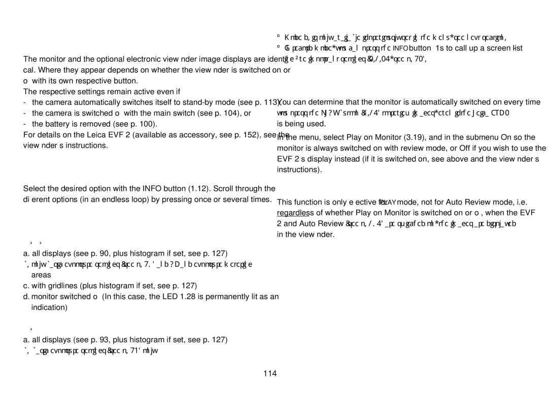 Leica 18450, 18452 manual 114, Monitor and electronic viewfinder settings, Switching the display sets, Sequences Record mode 