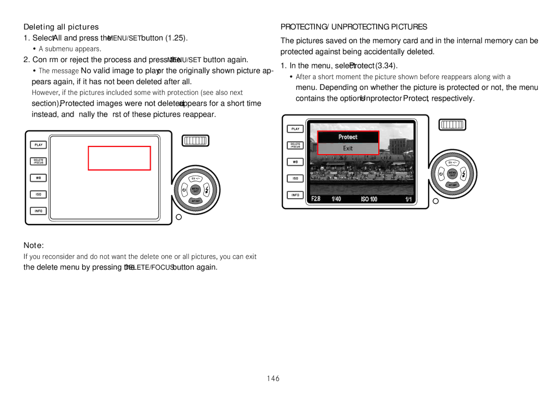 Leica 18450, 18452 manual 146, Deleting all pictures, ProTECTINg/UNproTECTINg pICTUrES 