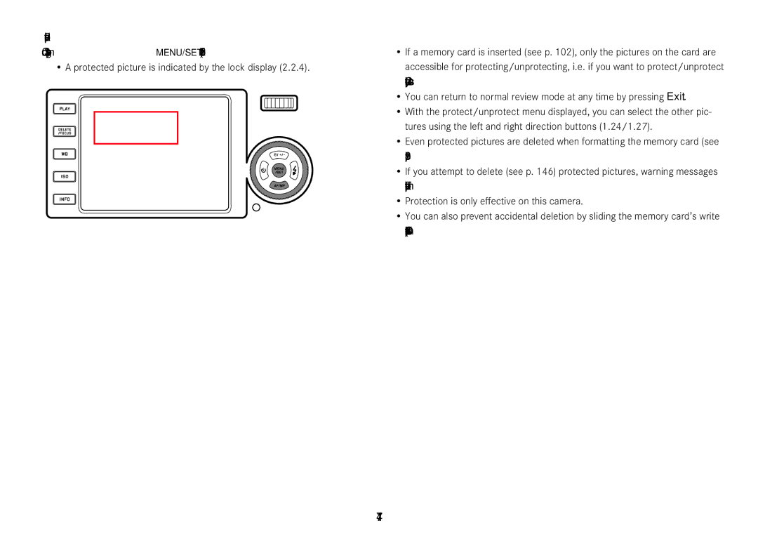 Leica 18452, 18450 147, Protected picture is indicated by the lock display, Protection is only effective on this camera 