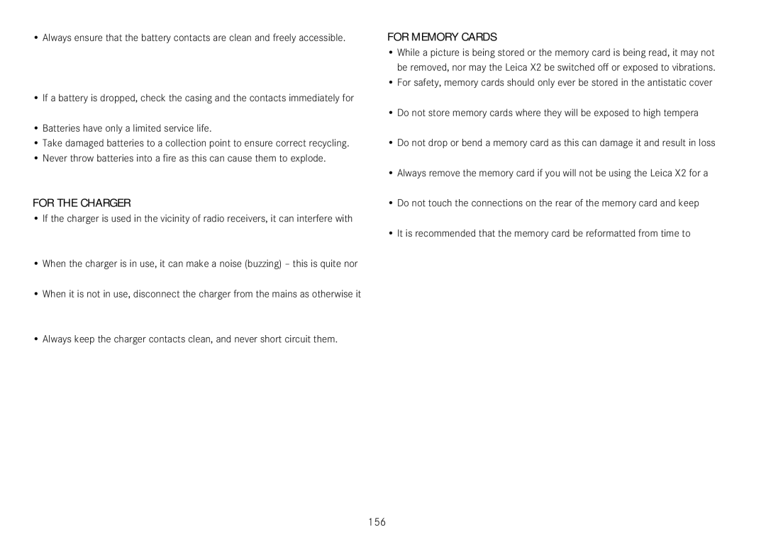 Leica 18450, 18452 manual 156, Batteries have only a limited service life, For the charger, For memory cards 