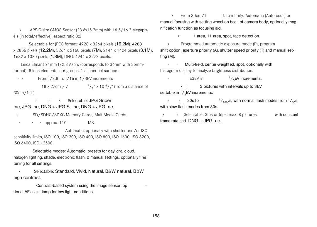 Leica 18450, 18452 manual Technical data, 158, Storage media SD/SDHC/SDXC Memory Cards, MultiMedia Cards 