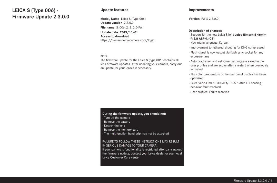 Leica 2.3.0.0 manual Update version, Update date 2013/10/01 Access to download, Description of changes 