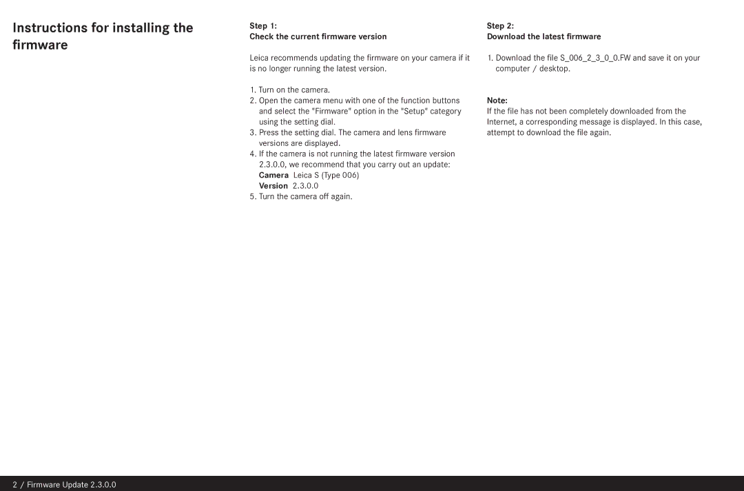 Leica 2.3.0.0 manual Instructions for installing the firmware, Step Check the current firmware version 