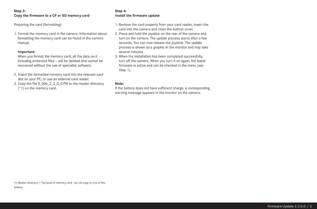 Leica 2.3.0.0 manual Step Copy the firmware to a CF or SD memory card, Step Install the firmware update 