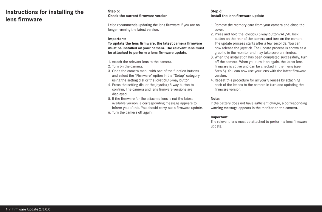 Leica 2.3.0.0 Instructions for installing the lens firmware, Attach the relevant lens to the camera Turn on the camera 