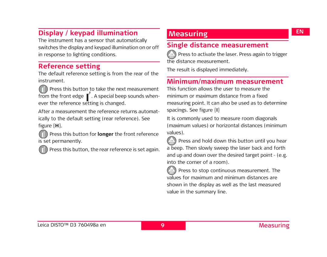 Leica 760498a manual Measuring, Display / keypad illumination, Reference setting, Single distance measurement 