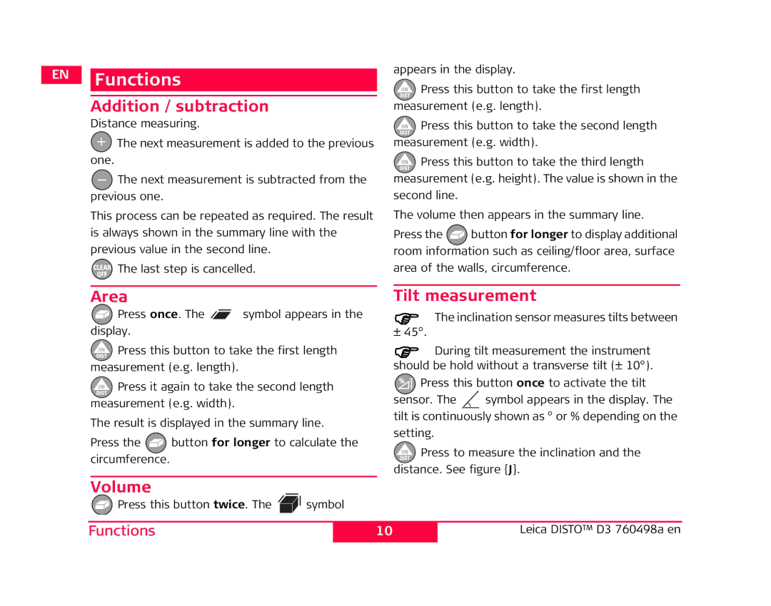 Leica 760498a manual Functions, Addition / subtraction, Area, Tilt measurement, Volume 