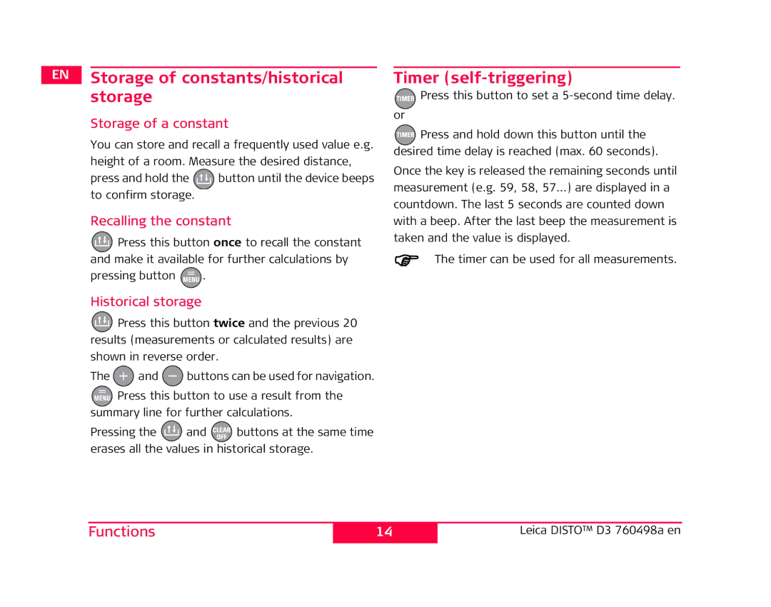 Leica 760498a manual Storage of constants/historical storage, Timer self-triggering 