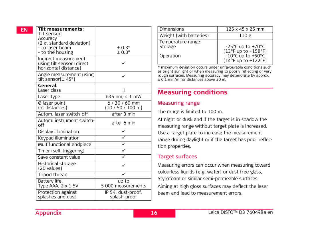 Leica 760498a manual Measuring conditions, Tilt measurements 