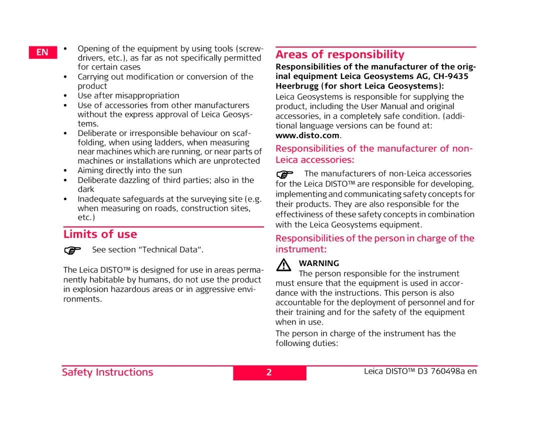 Leica 760498a manual Limits of use, Areas of responsibility 