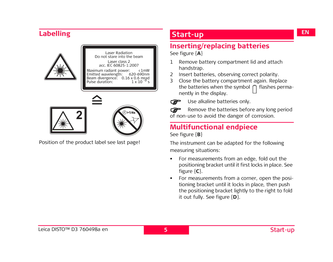 Leica 760498a manual Start-up, Labelling, Inserting/replacing batteries, Multifunctional endpiece 