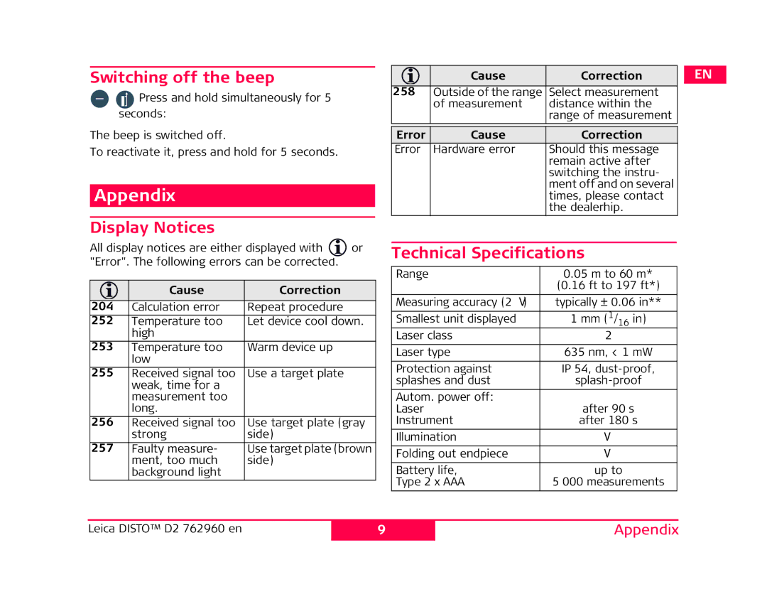 Leica 762960 manual Appendix, Switching off the beep, Display Notices, Technical Specifications 