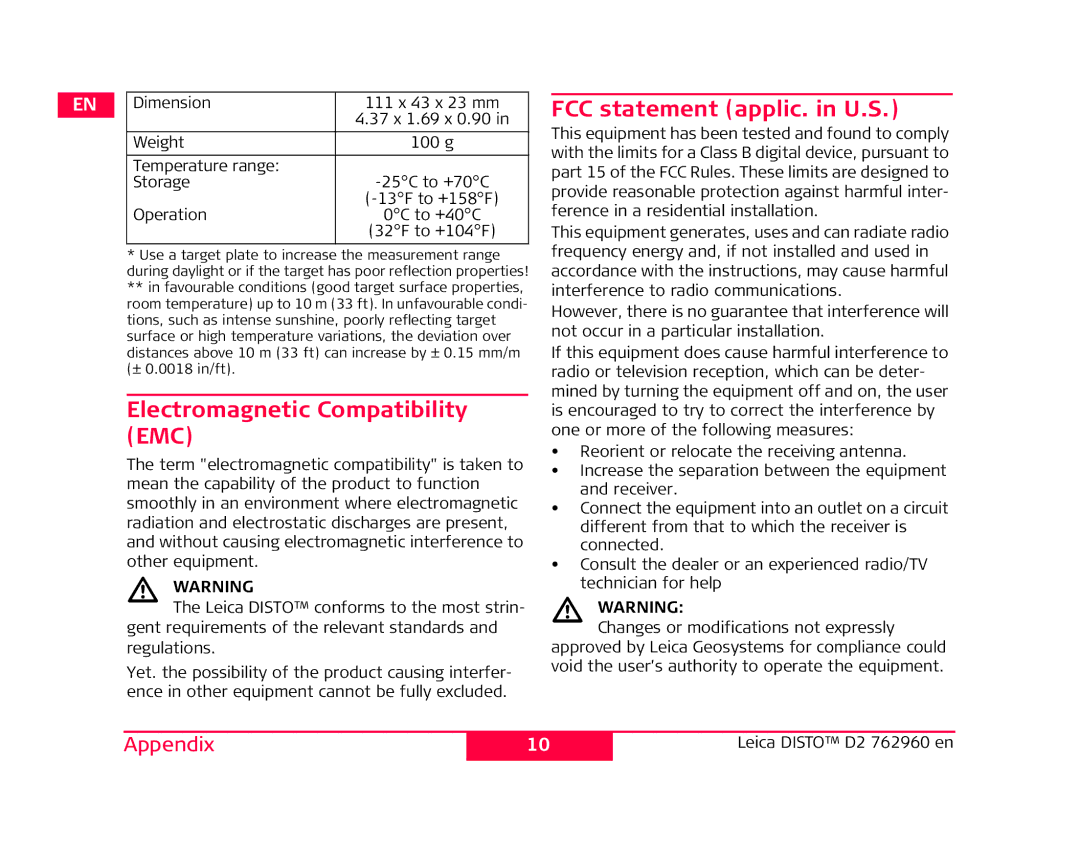 Leica 762960 manual Electromagnetic Compatibility EMC, FCC statement applic. in U.S 