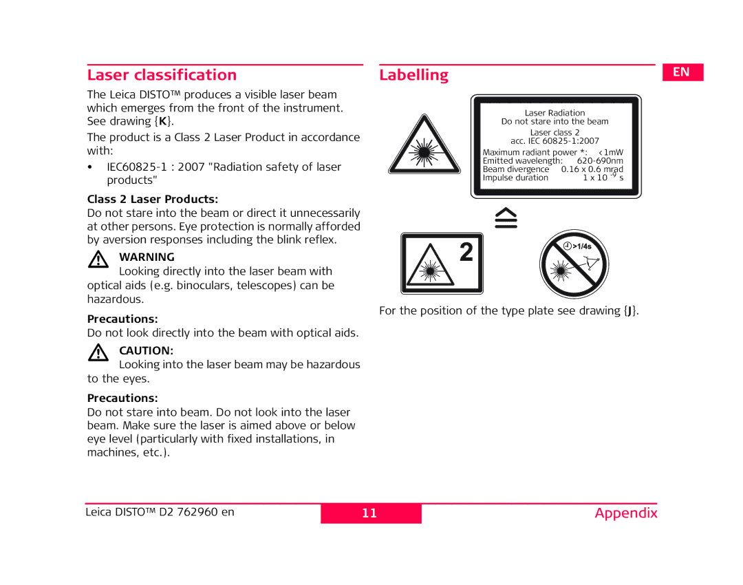 Leica 762960 manual Laser classification, Labelling, Class 2 Laser Products 