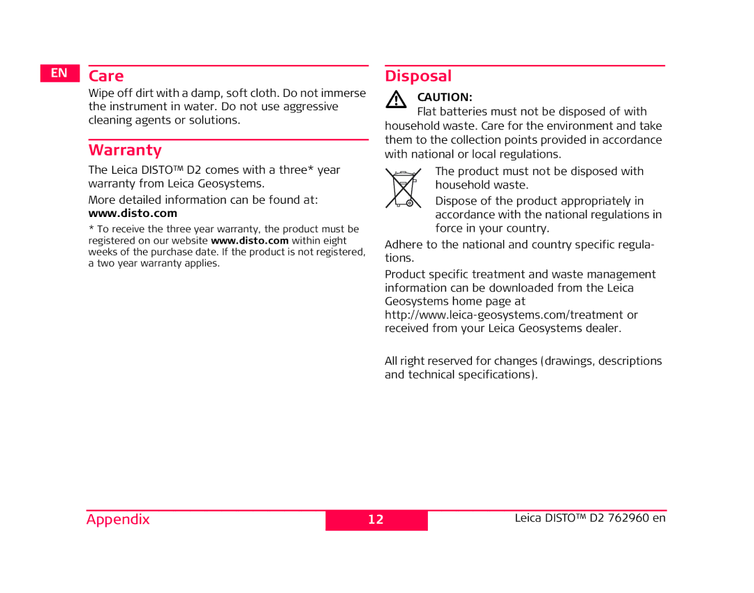 Leica 762960 manual Warranty, Disposal 