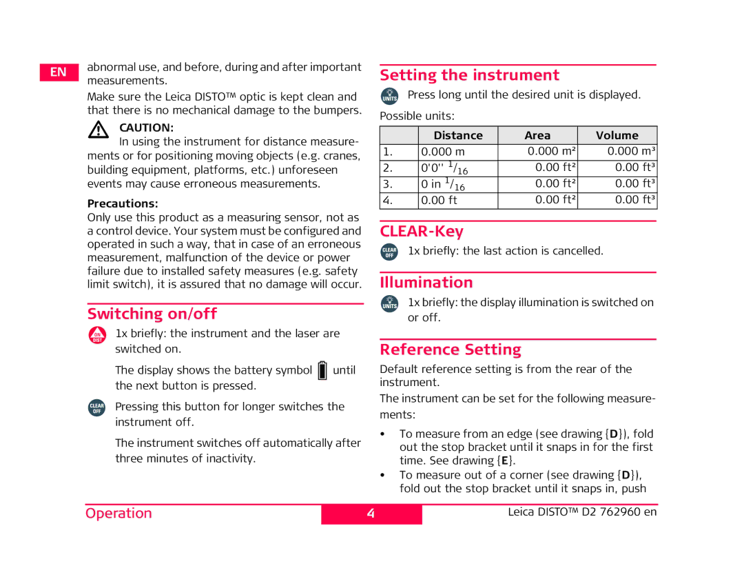 Leica 762960 manual Switching on/off, Setting the instrument, CLEAR-Key, Illumination, Reference Setting 