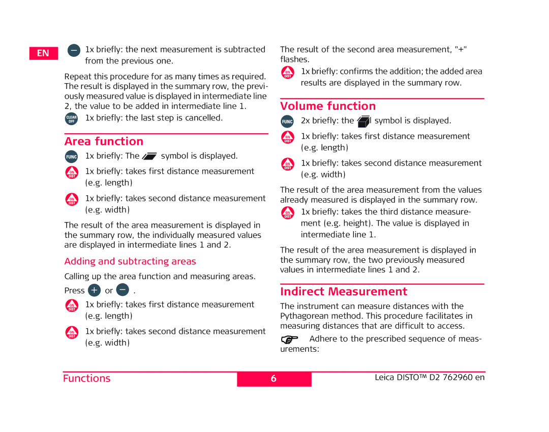 Leica 762960 manual Area function, Volume function, Indirect Measurement, Functions 
