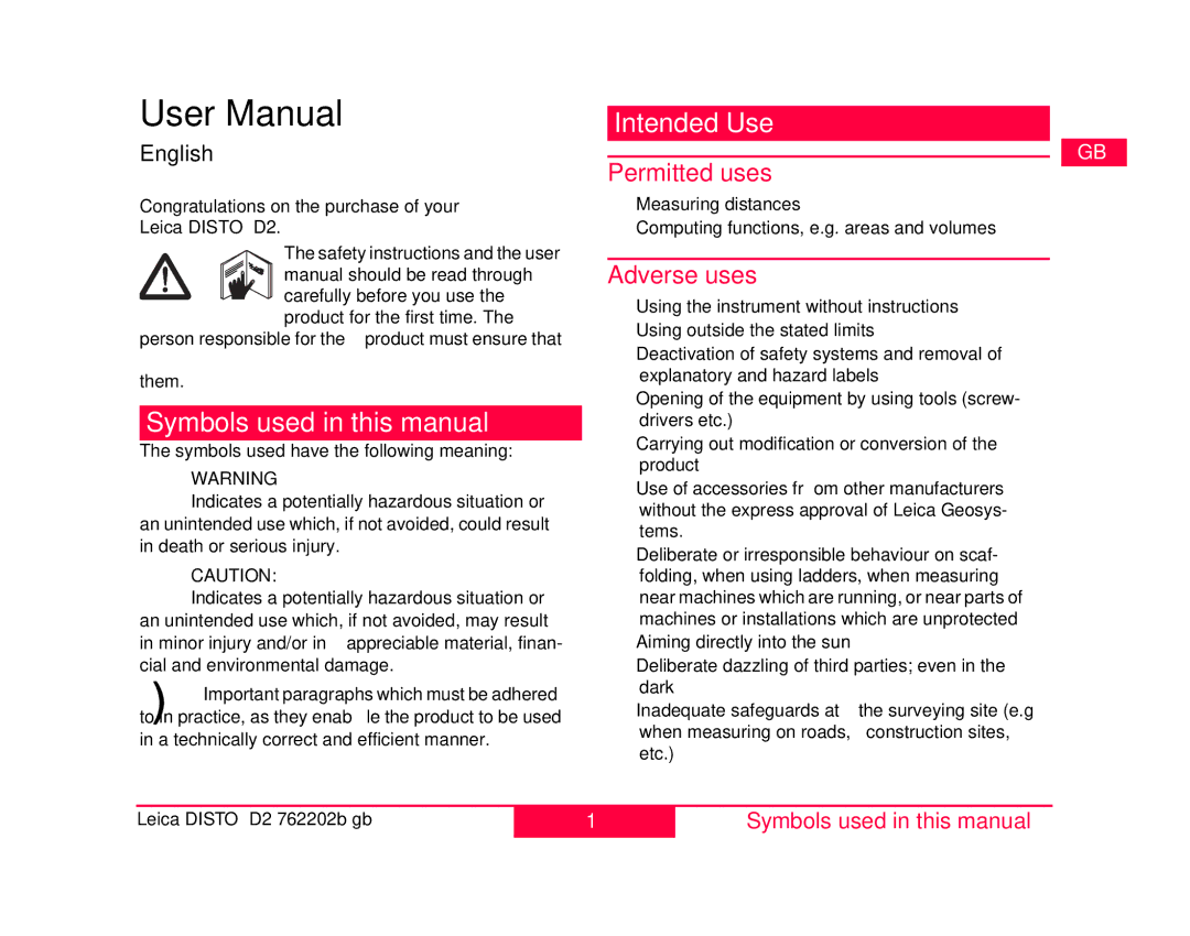 Leica 763495 Symbols used in this manual, Intended Use, Permitted uses, Adverse uses 