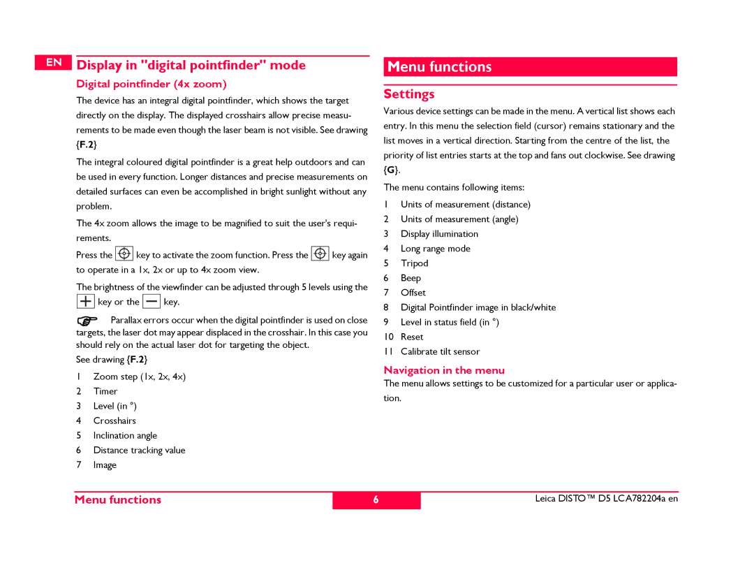 Leica 766558, 764553, 769459 Menu functions, Display in digital pointfinder mode, Settings, Digital pointfinder 4x zoom 