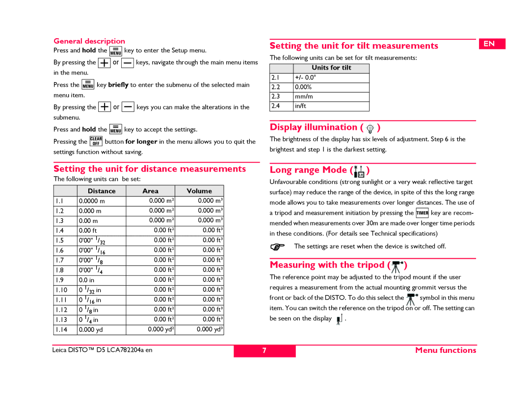 Leica 769459 Setting the unit for tilt measurements, Display illumination, Setting the unit for distance measurements 