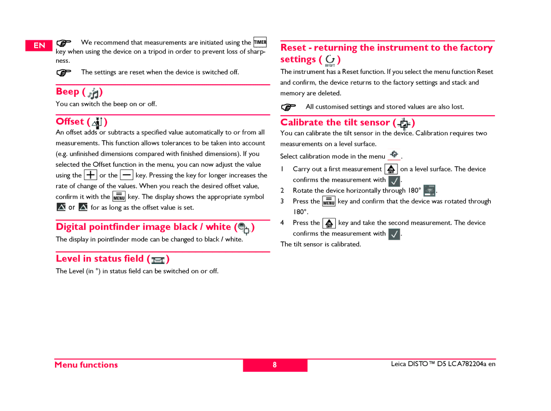 Leica 764553 manual Beep, Offset, Digital pointfinder image black / white, Level in status field, Calibrate the tilt sensor 