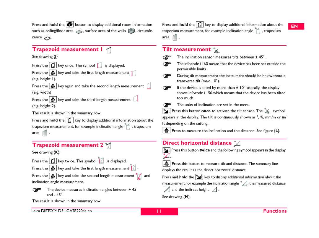 Leica 764553, 766558, 769459 manual Tilt measurement, Direct horizontal distance Trapezoid measurement 