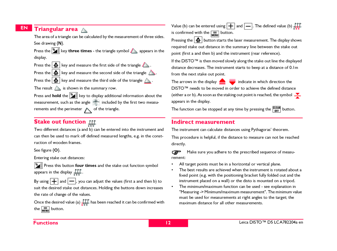 Leica 766558, 764553, 769459 manual Stake out function, Indirect measurement, Rements and the perimeter Triangle 