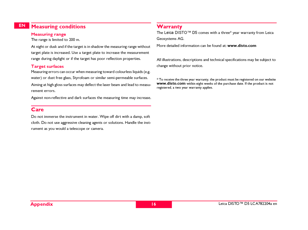 Leica 769459, 764553, 766558 manual Care, Warranty, Measuring range, Target surfaces, Range is limited to 200 m 