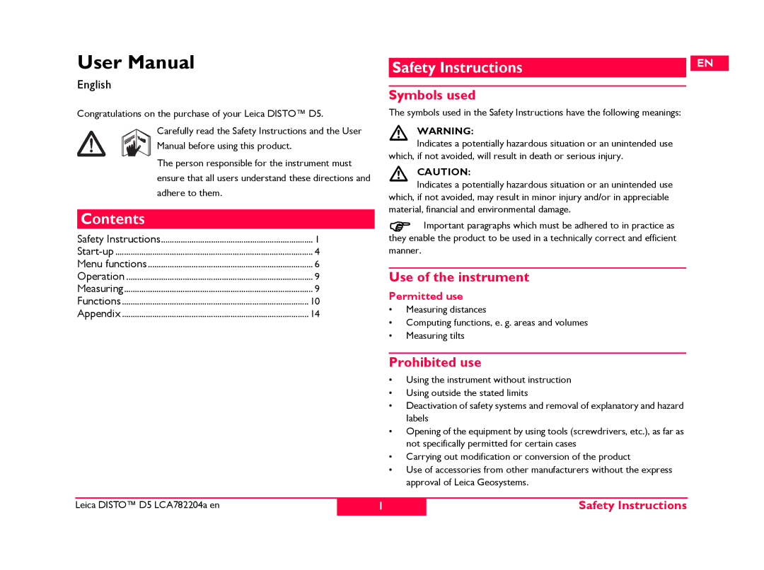 Leica 769459, 764553, 766558 manual Contents, Safety Instructions, Symbols used, Use of the instrument, Prohibited use 